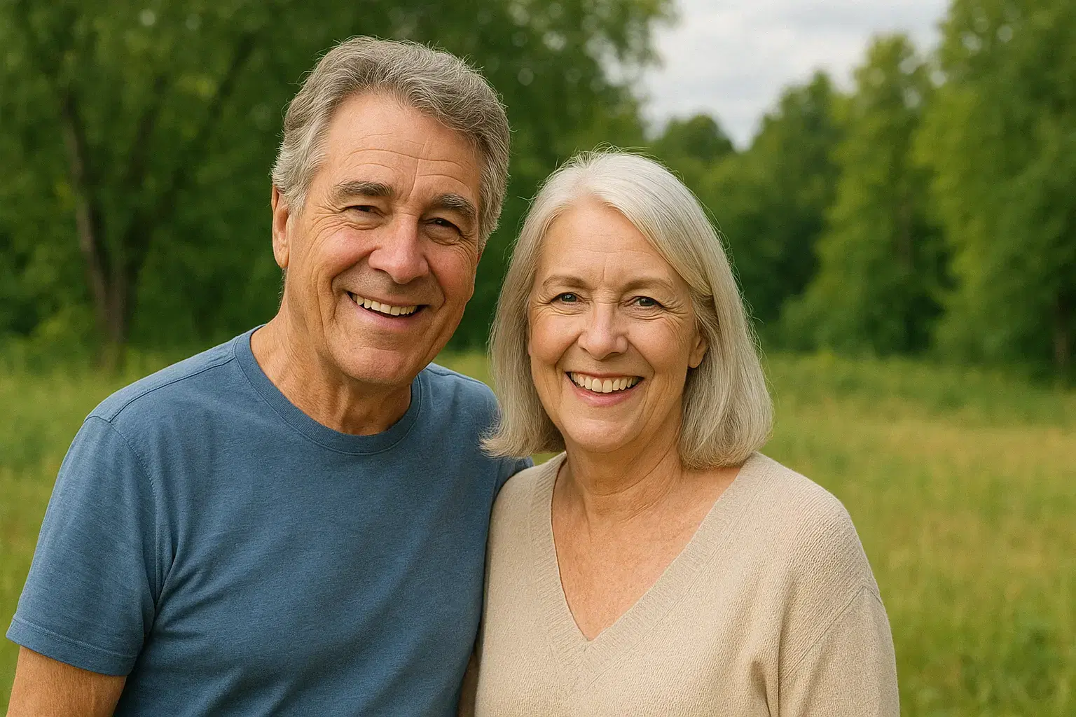 Happy couple in their 60s with beautiful smiles after remote anchorage implant treatment