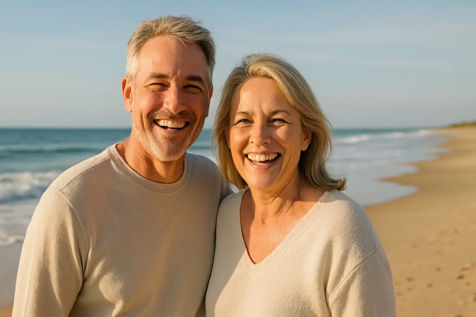Happy senior couple with beautiful smiles after zygomatic implant treatment